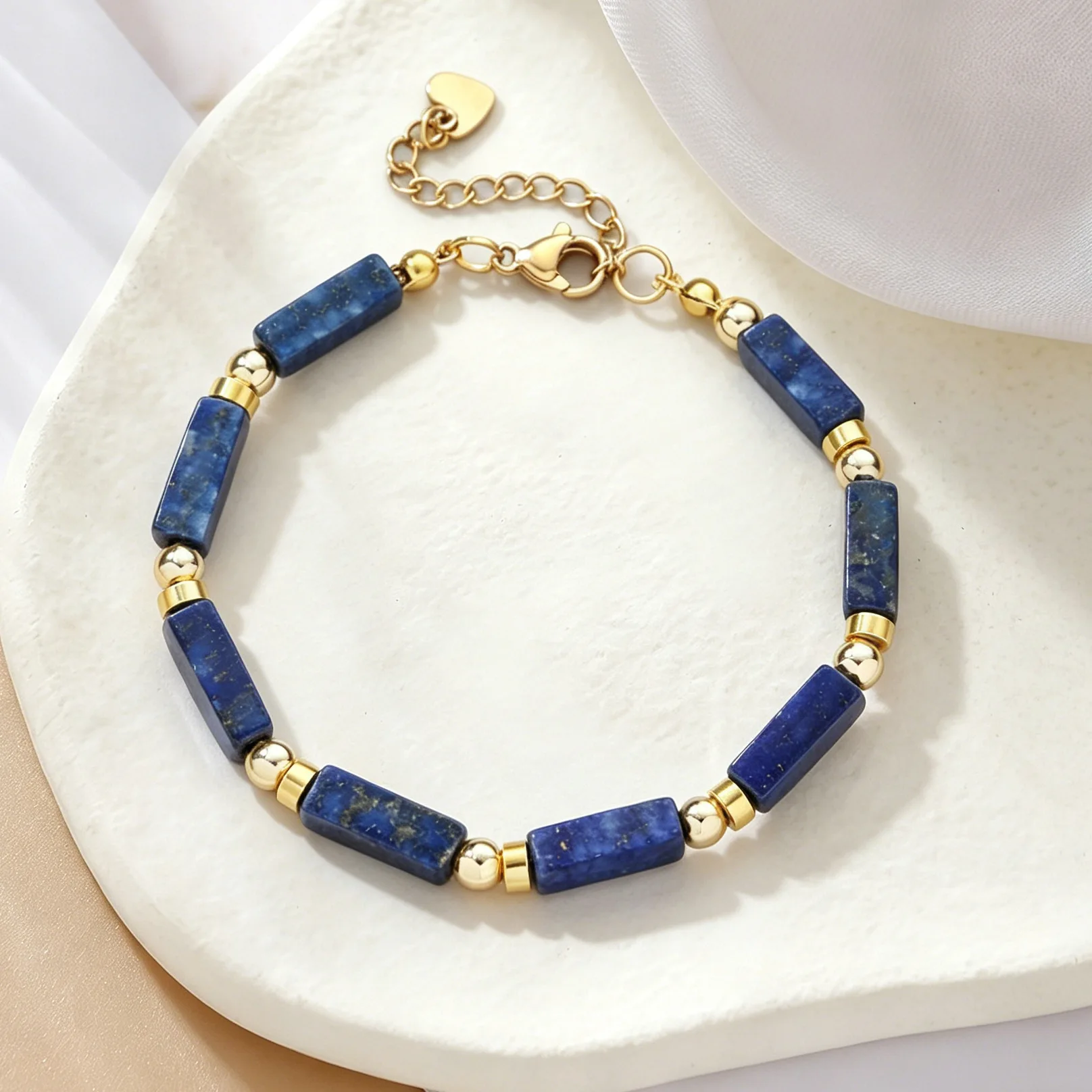 Natural Lapis Lazuli Beaded Bracelet with Gold Spacer Beads, Lobster Clasp Closure – for women