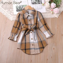 Humor Bear Girls' Autumn and Winter New European and American Style Long Sleeve Shirt Style Dress Vestidos Casual Outfit 2-6Y