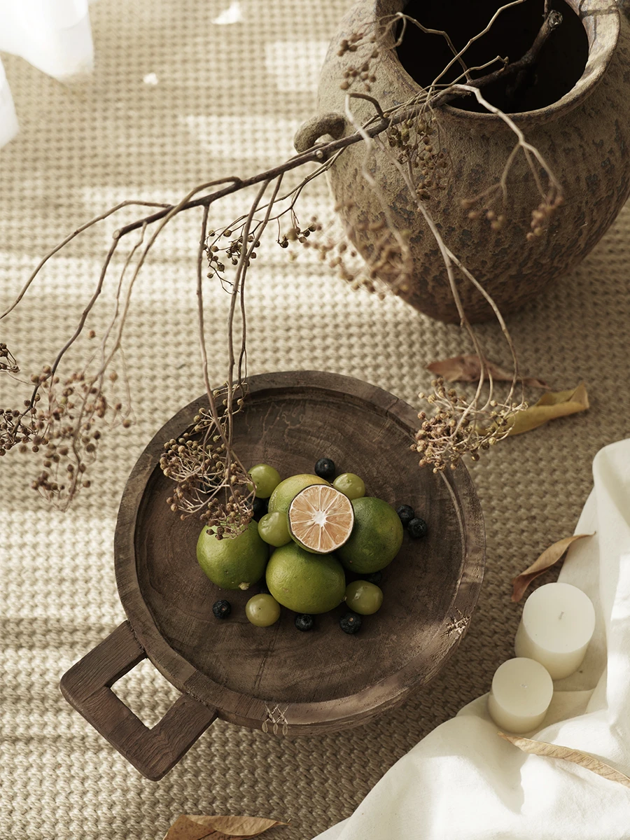 wabi sandy wind retro old solid wood fruit plate ornament