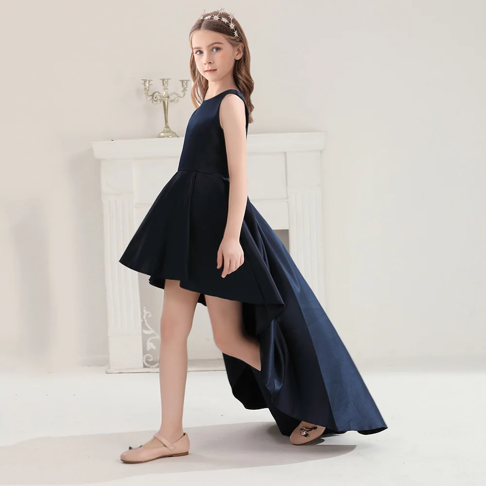 Children's Elegant Party Dresses Young Girl Dress Short in Front Long in Back Tuxedo Kid Clothes Blue