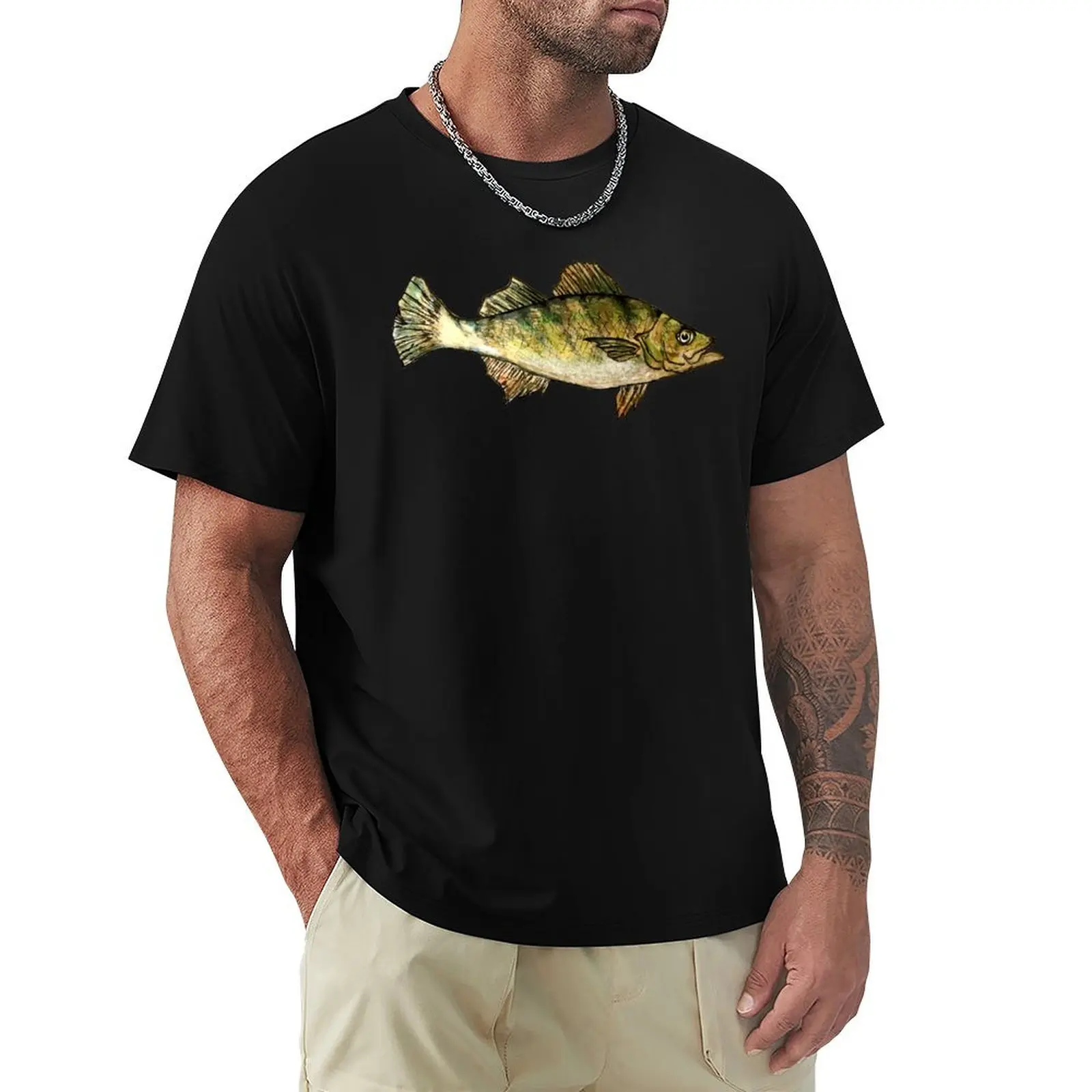 Yellow Perch Fish Drawing- Dark Green T-Shirt Basic Solid Color Short Sleeve T-Shirt