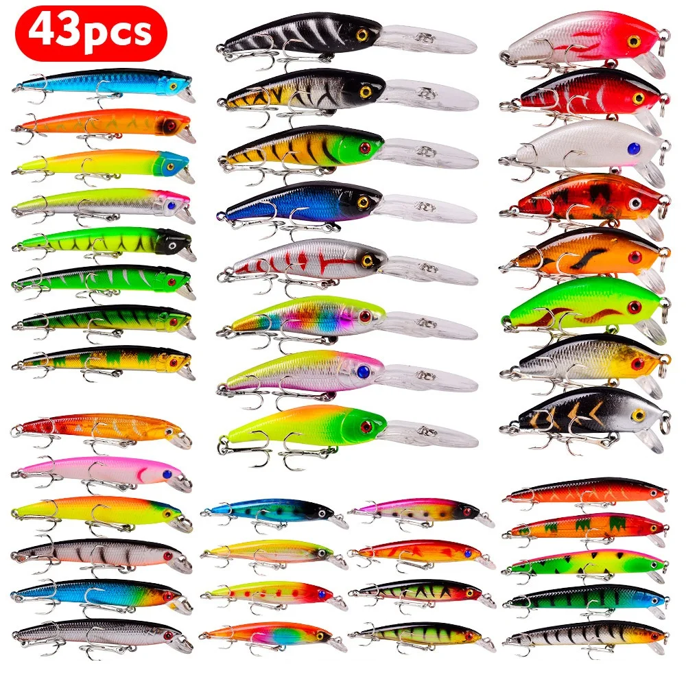 43pcs Ultimate Bass Fishing Lure Kit - High-Carbon Steel Treble , Durable ABS Construction, Minnows, Cranks, and Poppers for Ver