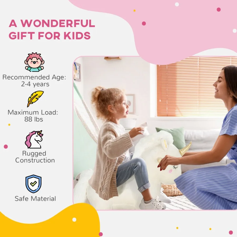 Qaba Rocking Horse Plush Ride on Unicorn with Realistic Sound Wooden Base Toddler Rocking Horse for 24 Years White