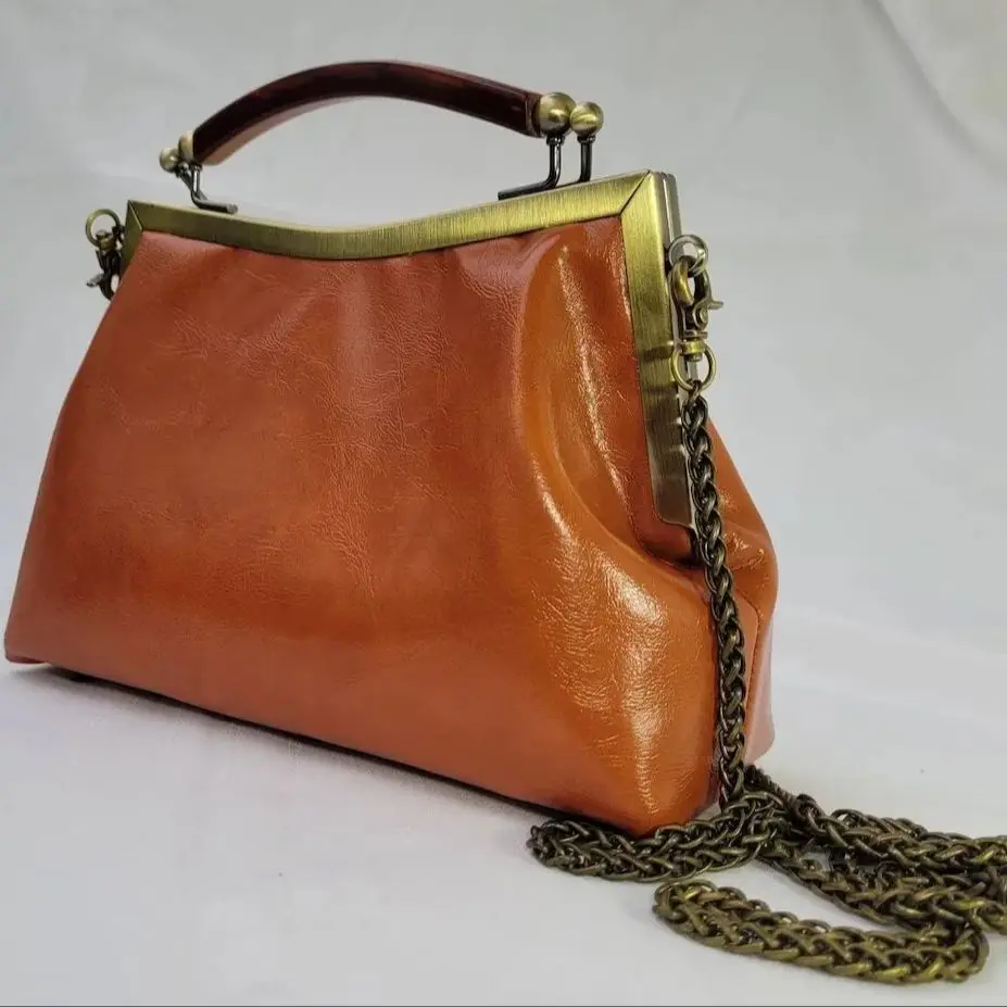 

Lost in Vintage Vegan Leather Crossbody Handbag with Mock Tortoise Shell Top Handle Kiss Lock Metal Frame Opening Detachable