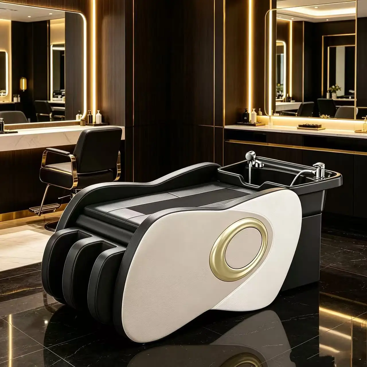 Multifunctional Massage Shampoo Bed With Calf Heating 3 Strength Setting Waterproof PU Leather Salon