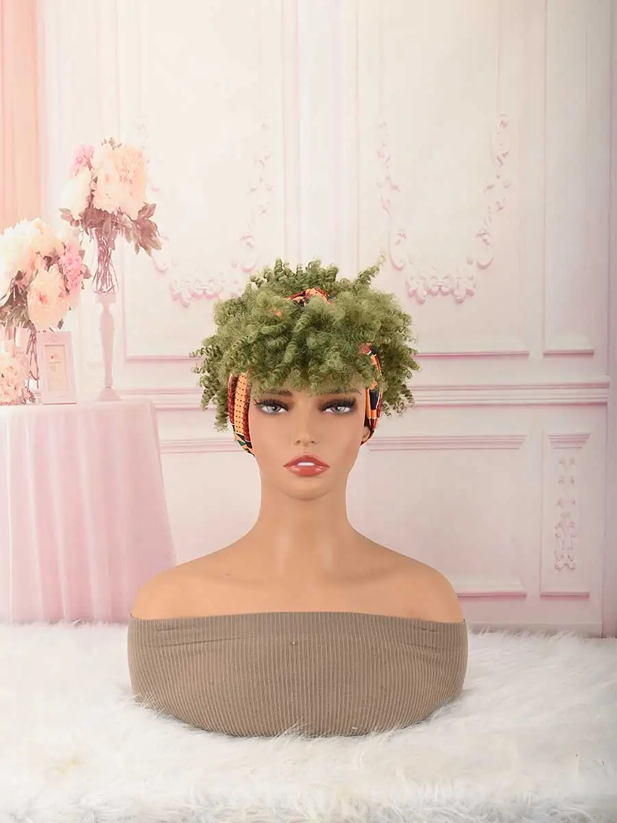 Headband Wig Curly Headband Wig With Bangs For Women Synthetic Afro Curly Hair Wig With Headband Attached Wigs