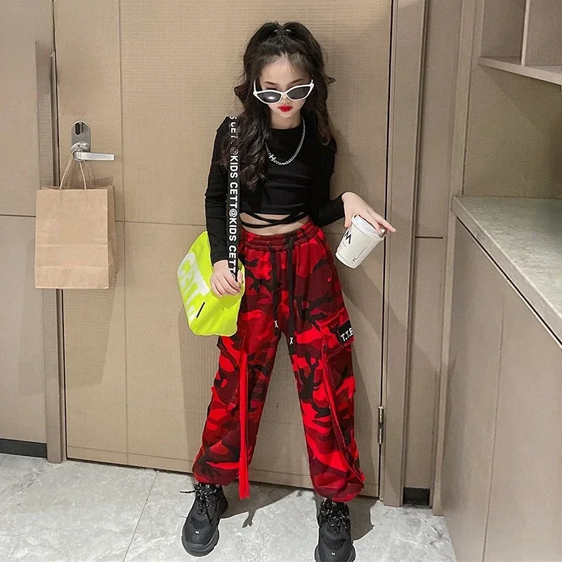 Girls Camouflage Sets Fashion Hip Hop Tops Cargo Pants Two Piece School Teenager Children Dance Costume 12 14 Years Kids Clothes