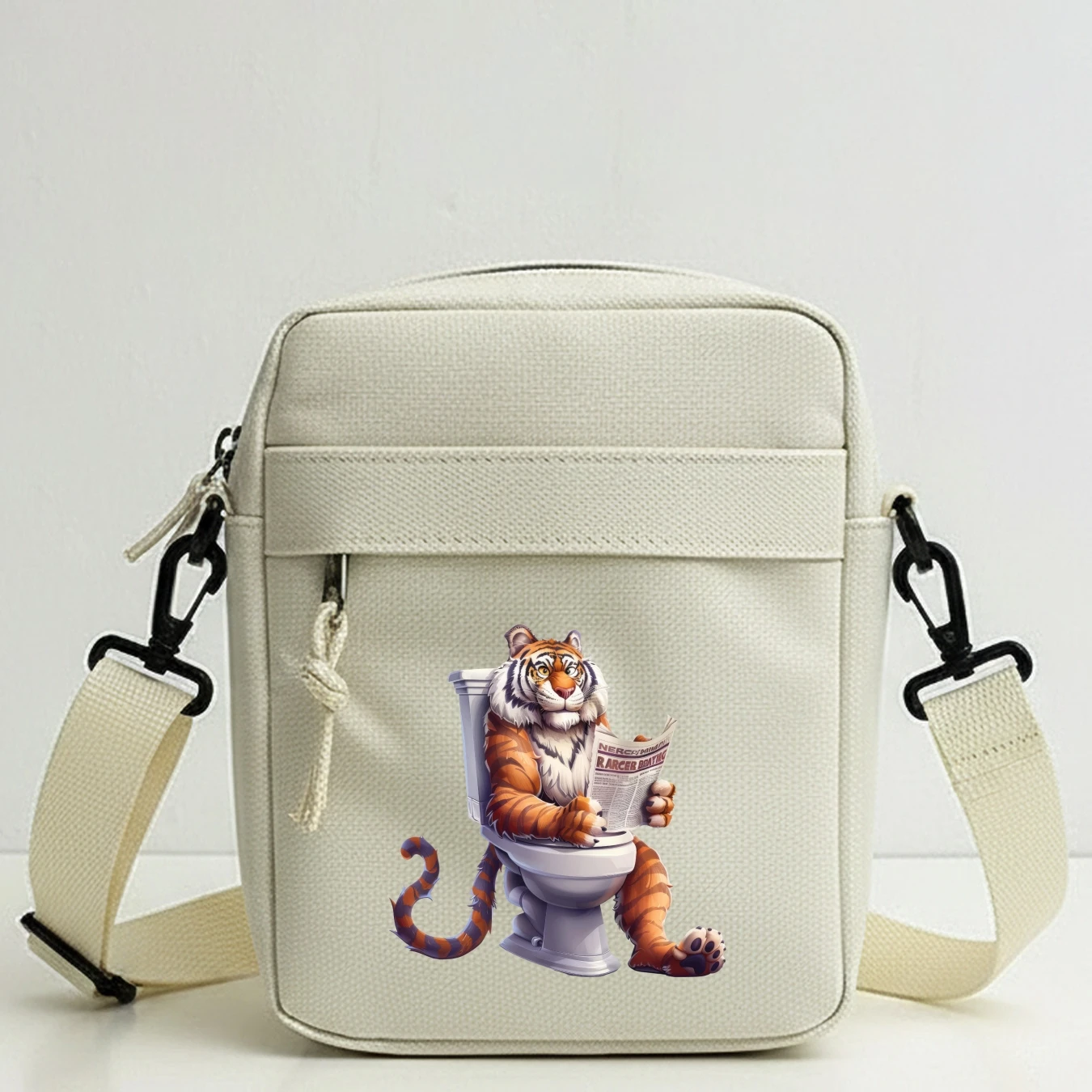 Cartoon Tiger Reading Newspaper Shoulder Bag, Large Capacity Travel Crossbody with Removable Strap, Zipper Closure, for School,