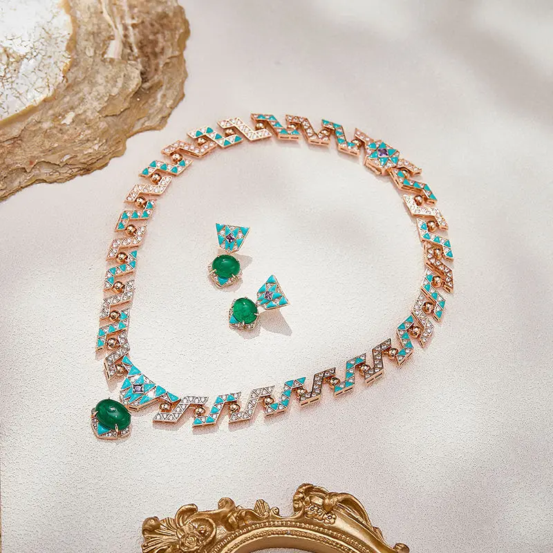 LuxuryHigh-end Enamel Emerald CZ Jewelry Set Inlaid Zirconia Women Wedding Dinner Party Gift Jewelry