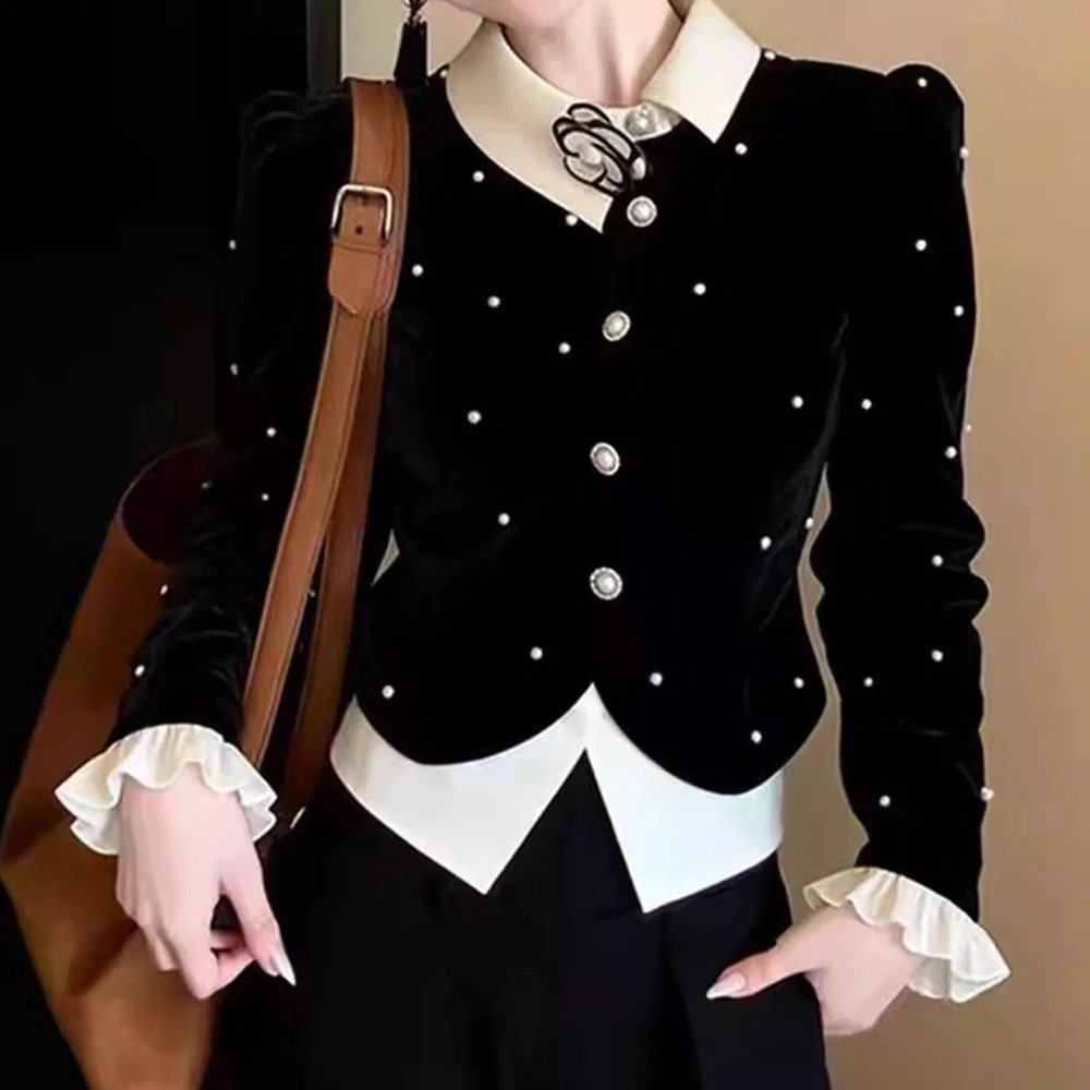 

Spring 2026 new foreign style age-reducing thin top French heavy industry bead color matching long-sleeved velvet shirt women