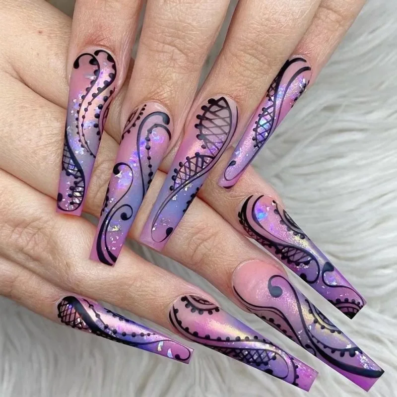 24Pcs Shiny Gold Powder Fake Nails Long Coffin Finished False Nails Butterfly Gradient Detachable Ballerina Press on Nails