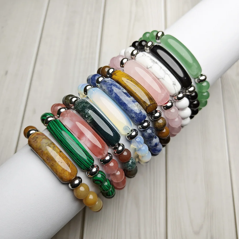 8mm Natural Stone Green Dongling Bridge Tiger Stone Powder Crystal Original Stone Bracelet Stainless Steel Accessories Hand Row