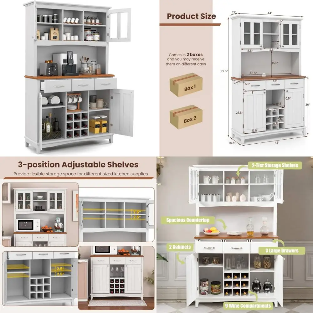 

Кухонный шкаф для кладовой со столешницей для микроволновой печи, высоким шкафом для хранения вещей, ящиками, сетками для вина и шкафом для кухни