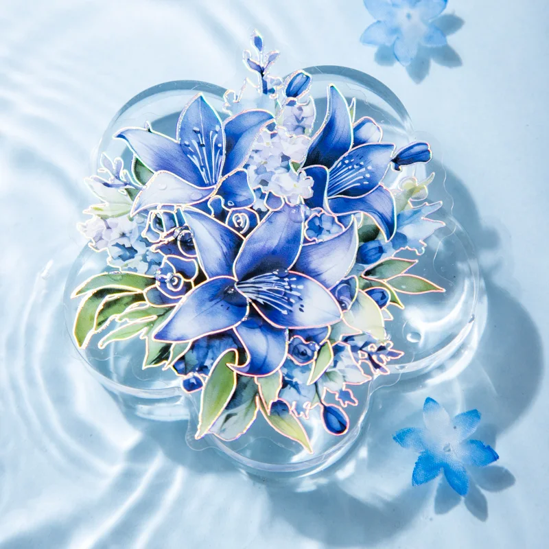 20 Sheets Per Pack PET Sticker Blue Flower Theme Stereoscopic Ironing Silver Hand Curtain Decorative Sticker 6 Types
