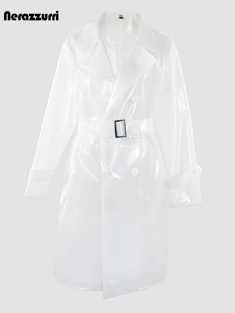 Nerazzurri Autumn Long Thin Transport Waterproof White PVC Leather Trench Coat for Women Belt Double Breasted Luxury Clothes