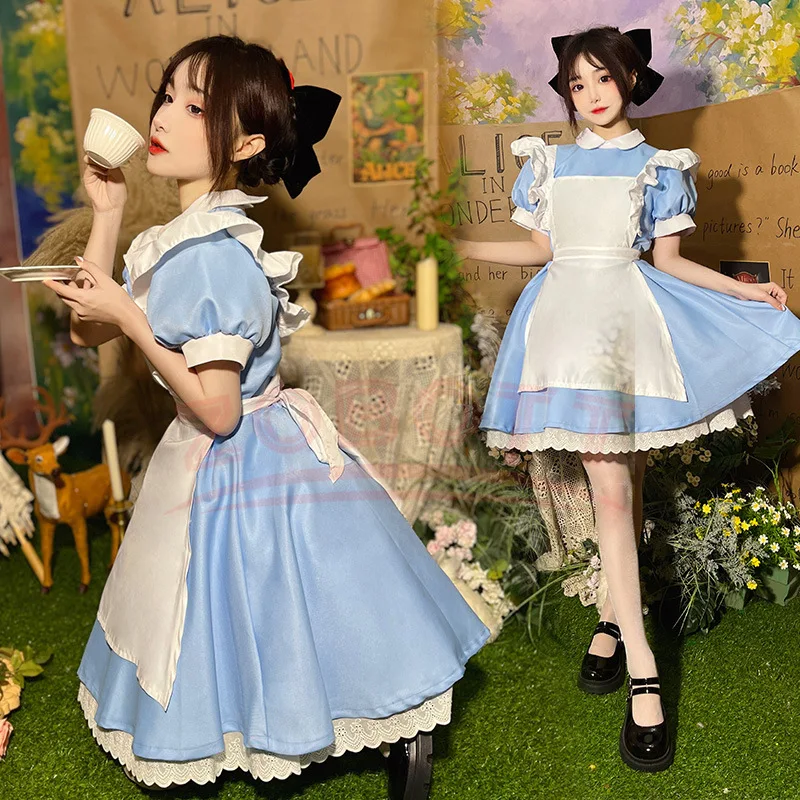 Gaun Lolita Wanita Celemek Pembantu Rok Karnaval Fantasia Kostum Cosplay Pakaian Halloween Pesta Topeng Alice In Wonderland