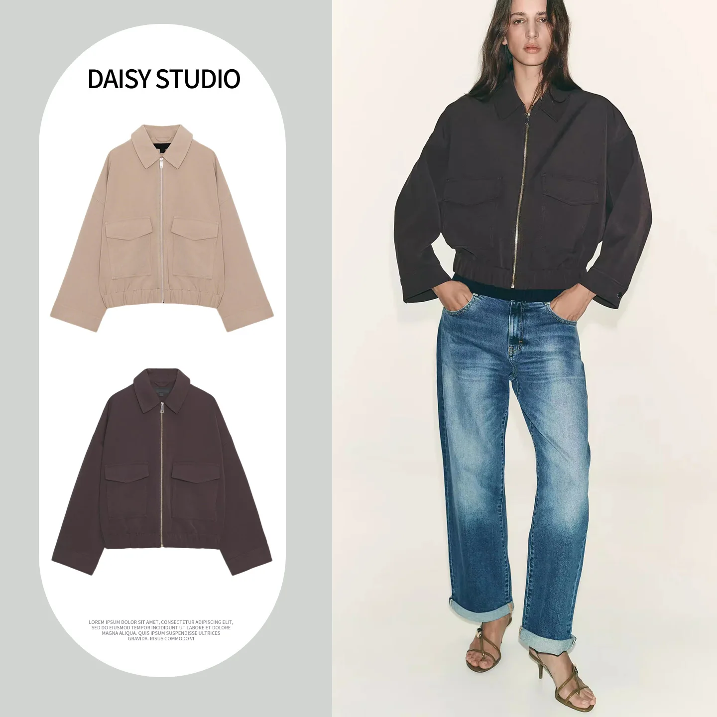 

Spring New Arrival Women's Zipper Long Sleeve Collared Elastic Hem Jacket Outerwear Breathable Loose Fit Polyester Fiber