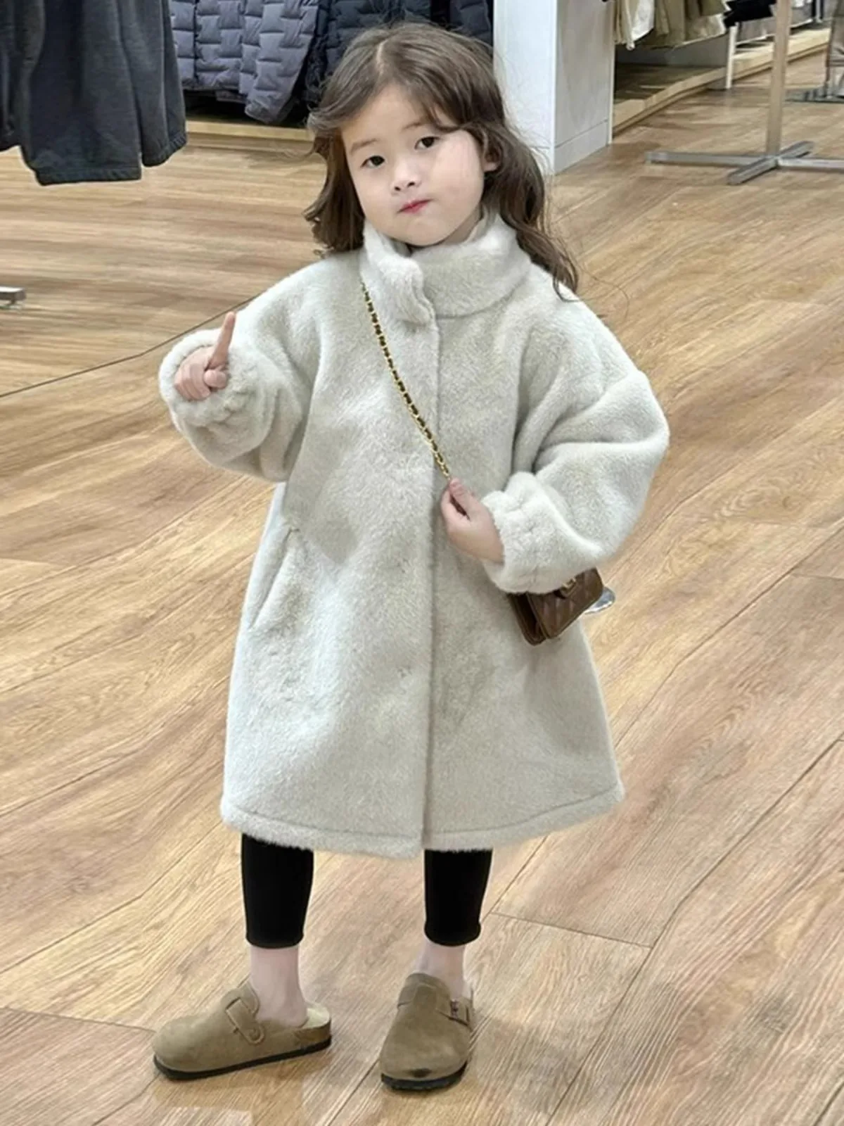 

Girls Long Coat 2024 Winter New Semi-turtleneck Imitation Fur Thick Coat Girls Mid-length Warm Coat Korean Simple Style Clothes