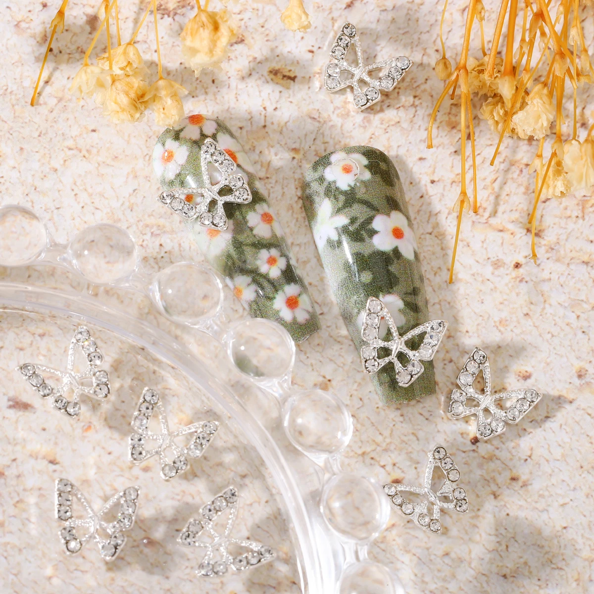 10 pcs/ bag Silver alloy butterfly nail rhinestone patch stereo hollow butterfly nail metal diamond, rhinestone nail accessories