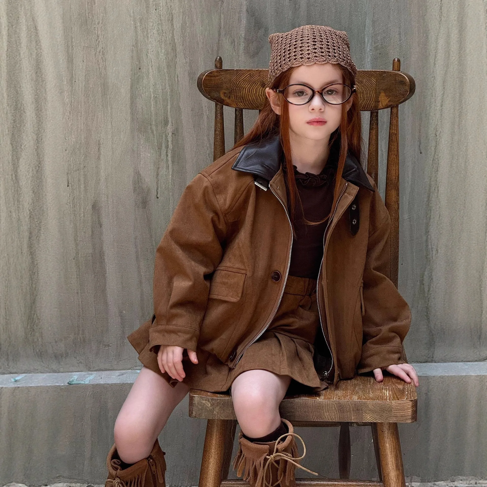 

2026 Spring Autumn New Korean Girls Suede Jacket Windproof Jacket Children Loose Casual Top Jacket Skirt Two Piece Set