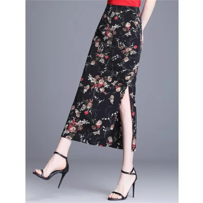 

Юбка с принтом, женская шифоновая юбка Cheongsam, средней длины, высокая талия, эластичная юбка с разрезом, летняя женская одежда, платье, повседневная юбка