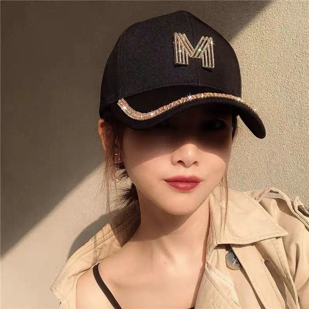 M Letter D English Letters Sunscreen Hat Adjustable Peaked Cap Women Baseball Cap Bling Rhinestones Korean Style Sun Visor