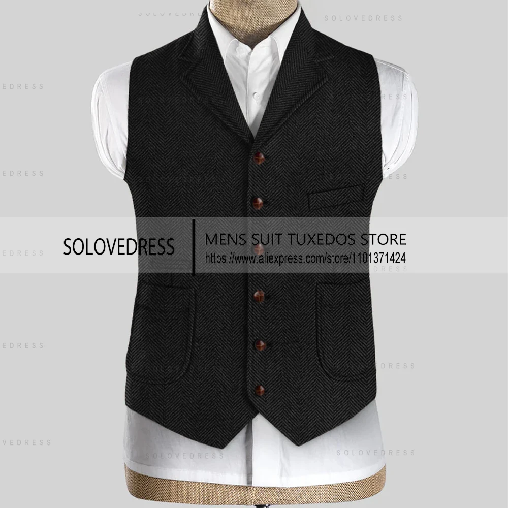 New Arrvial Lapel Neck Slim Fit Single Breasted Herringbone Men's Vest  Groomsemen Waistcoat For Wedding