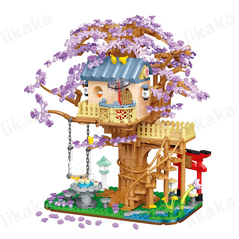 Décennie s de construction de cabane dans les arbres de Sakura pour enfants, vue sur la rue japonaise, modèle de maison sans fleurs, mini blocs, jouets pour filles, cadeaux d'anniversaire