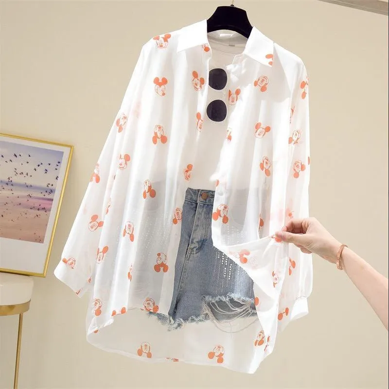 2024 Spot Disney Chiffon Printed Shirt Female Sunscreen Women In The Long Section Of The Shirt Fashion Ladies Loose Thin Coats