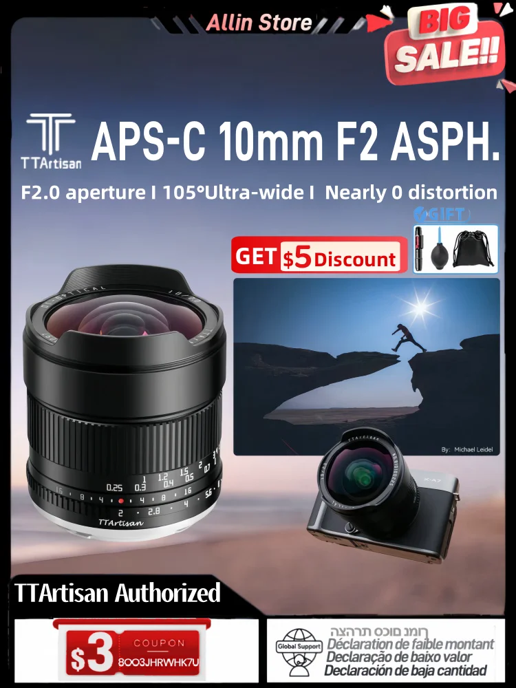 TTArtisan 10mm F2 APS-C ASPH 105° Ultra-wide Angle Lens for Camera Photography Sony E Fujifilm XF Nikon Z Canon EOS R M43 Mount