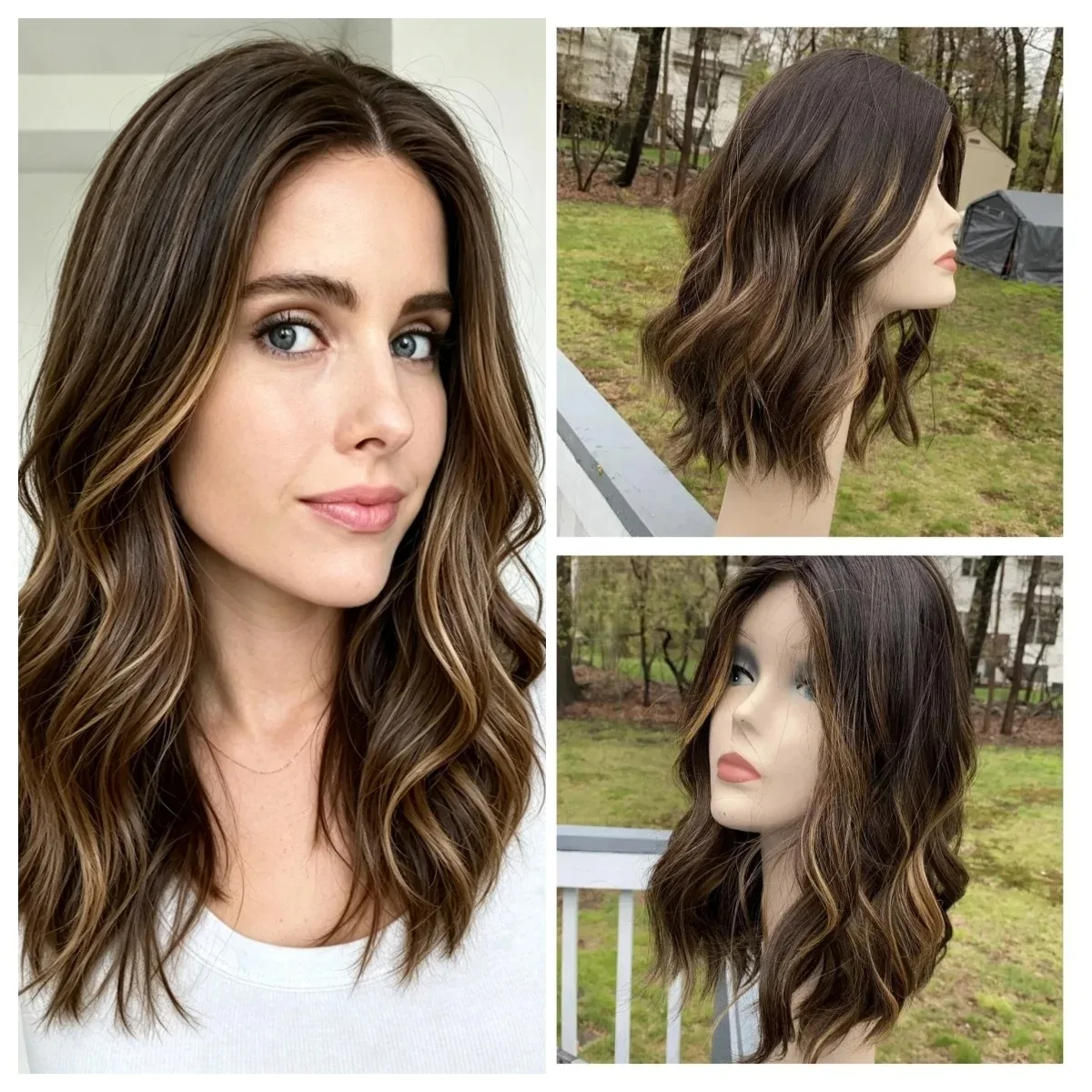 Dark Chestnut Brown Wig Highlights Ombre Balayage Synthetic Short Wig For Women Middle Part Realistic Body Wave Wig Elastic Hair