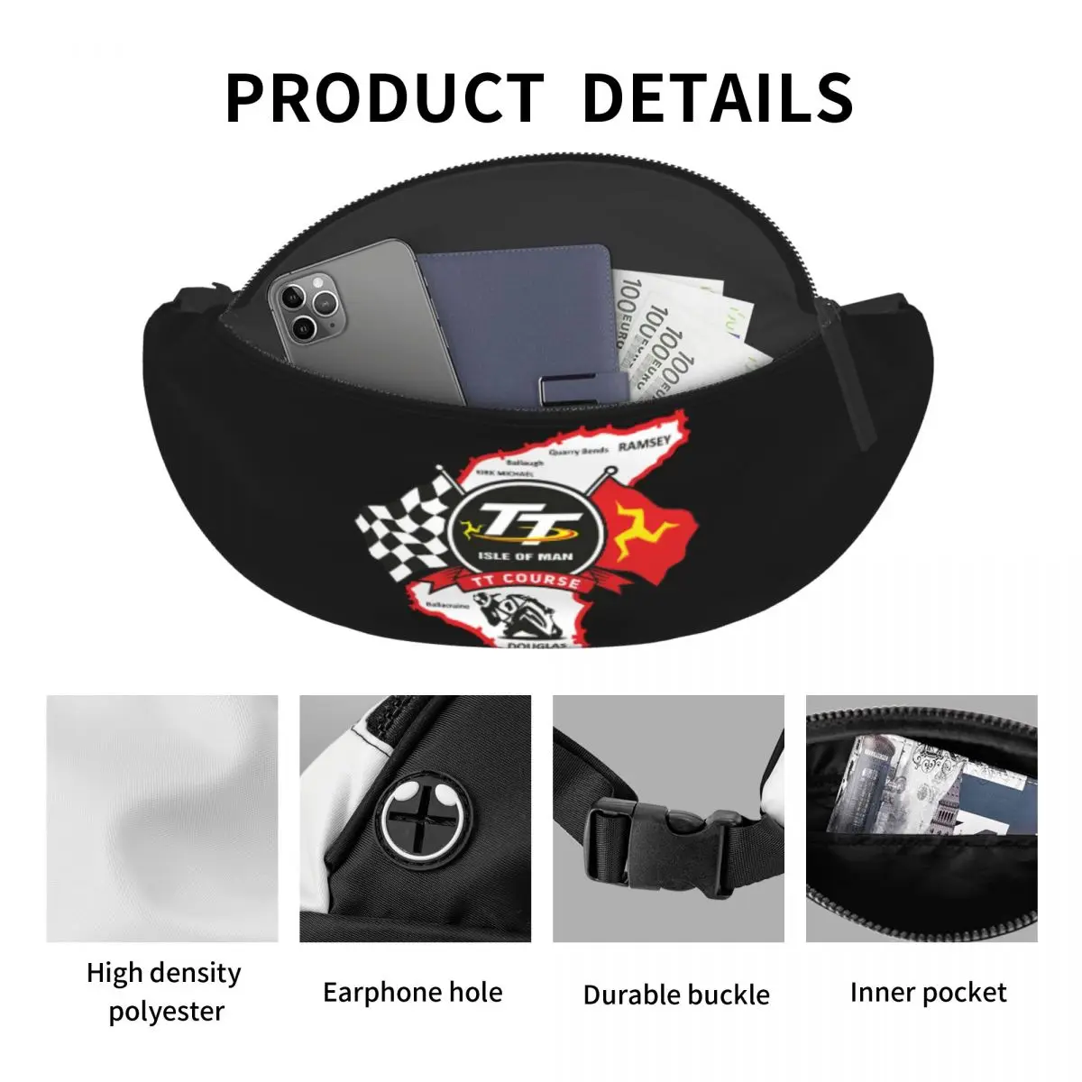 Isle of Man-TT Fanny Pack para homens e mulheres, bolsa de cintura crossbody, bolsa de dinheiro para telefone, motocicleta, esportes, ciclismo, viagem, corrida