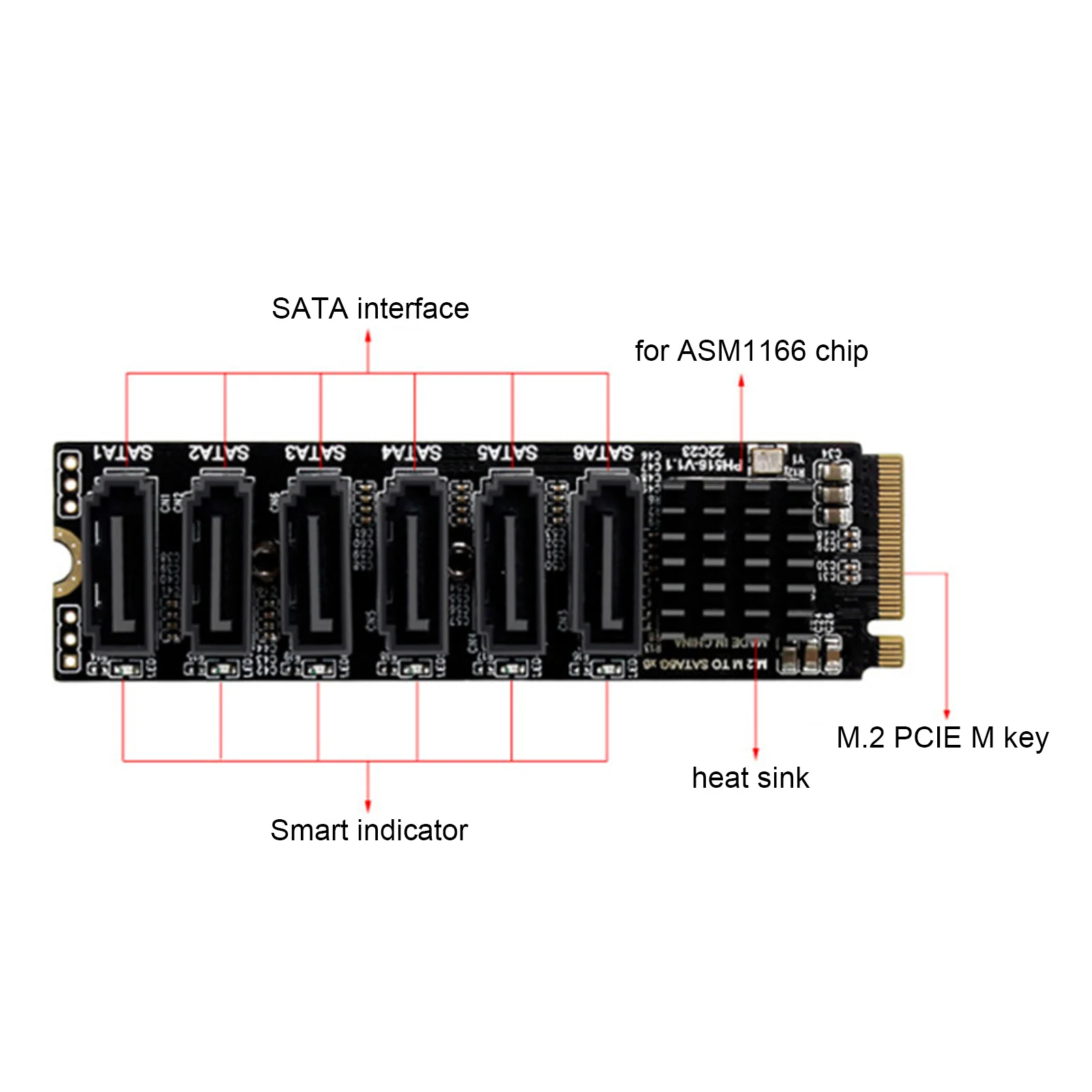 Cartão de Expansão de Alta Velocidade com Indicador Inteligente, Adaptador M.2 para SATA3.0, Adaptador PCIE para SATA, 6Gbps, ASM1166