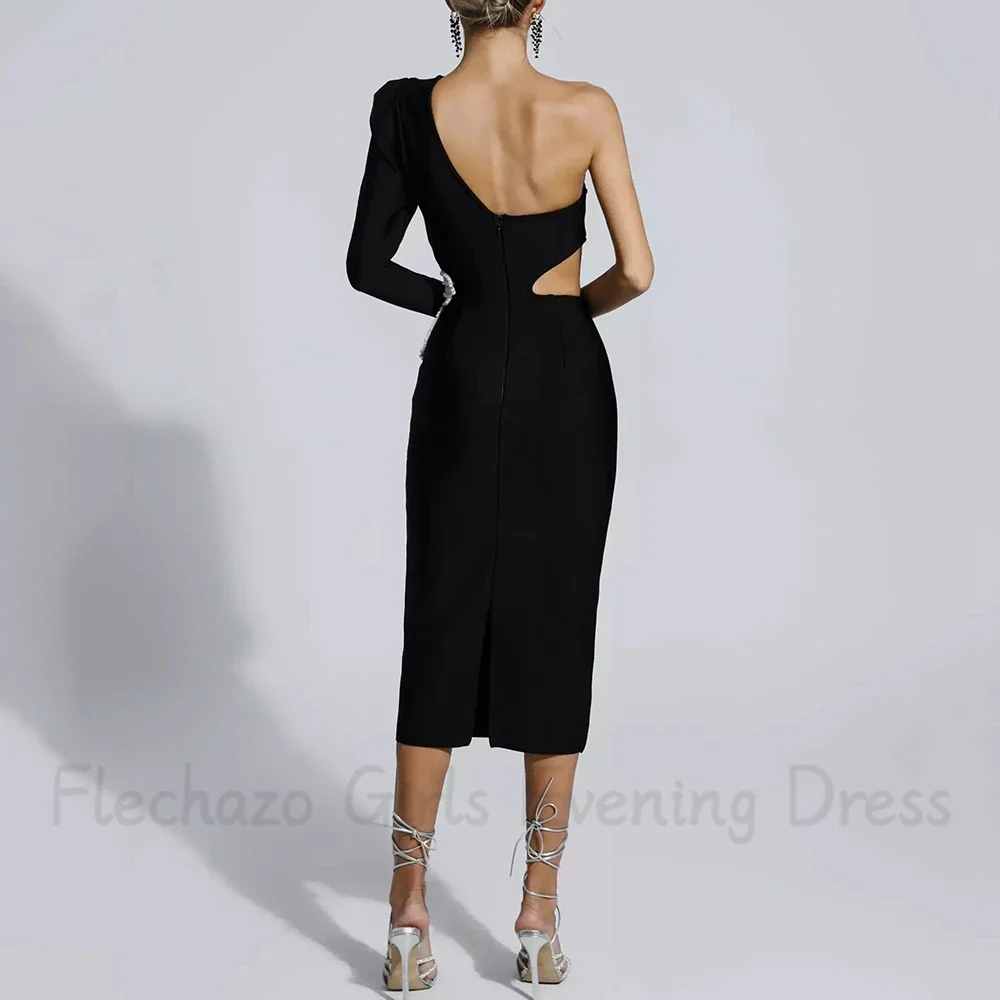 Flechazo Sexy Dew Waist and Back Evening Dress One Shoulder Long Sleeves Sheath Tea-Length with Flower Chic Women Party Gowns