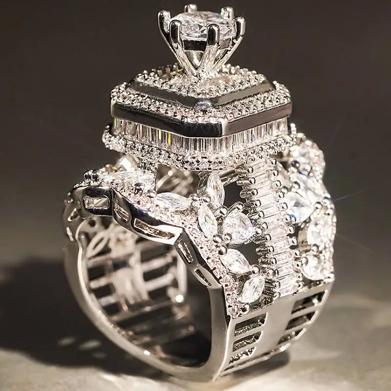 Huitan Tower Design Damenring mit brillantem Zirkonia, wunderschönes Party-Accessoire, trendiger, besonderer Schmuck für eine schicke Hochzeit