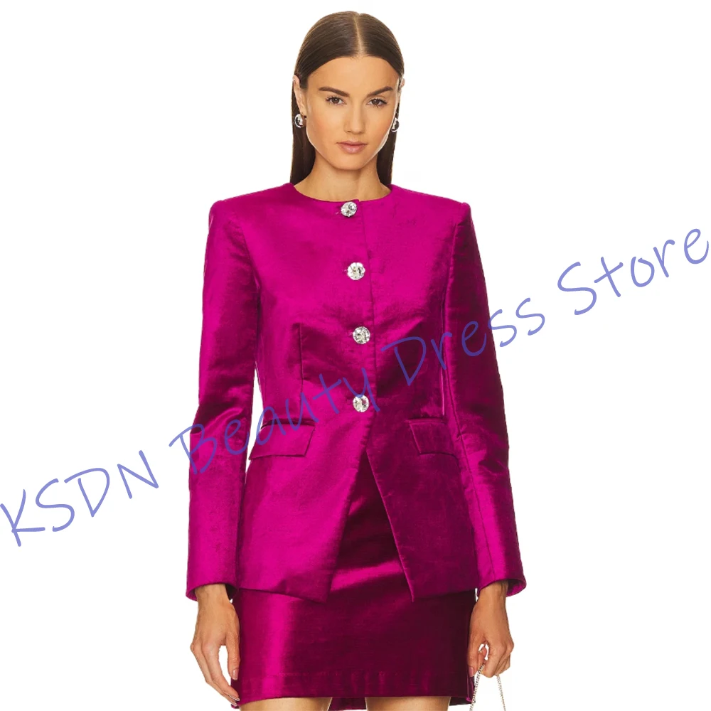 Chic Women's Single-Breasted Suit Hot Pink Satin Two-Piece(Jacket+Mini Skirt) Set Elegant Office Wear Evening Party Outfit