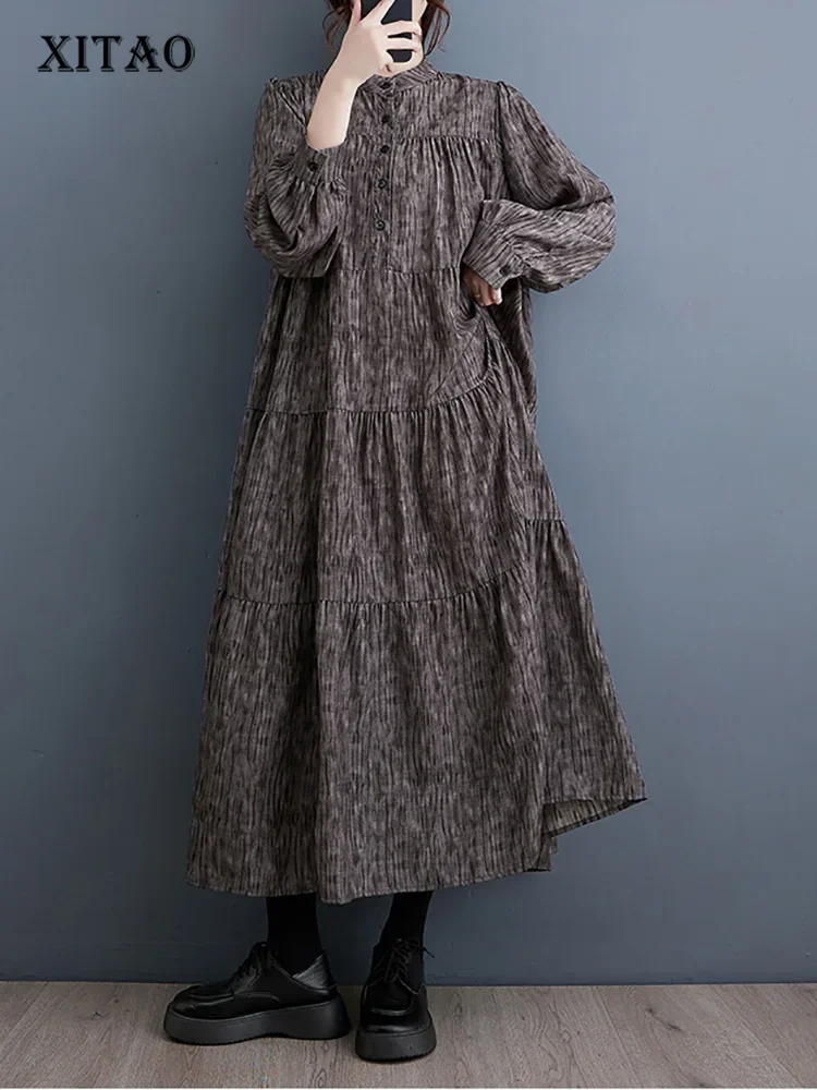 

XITAO Vintage Casual Print Dress Simplicity Trend Street Wind Women Autumn New Arrival Loose Appear Thin Folds Dress LYD1213