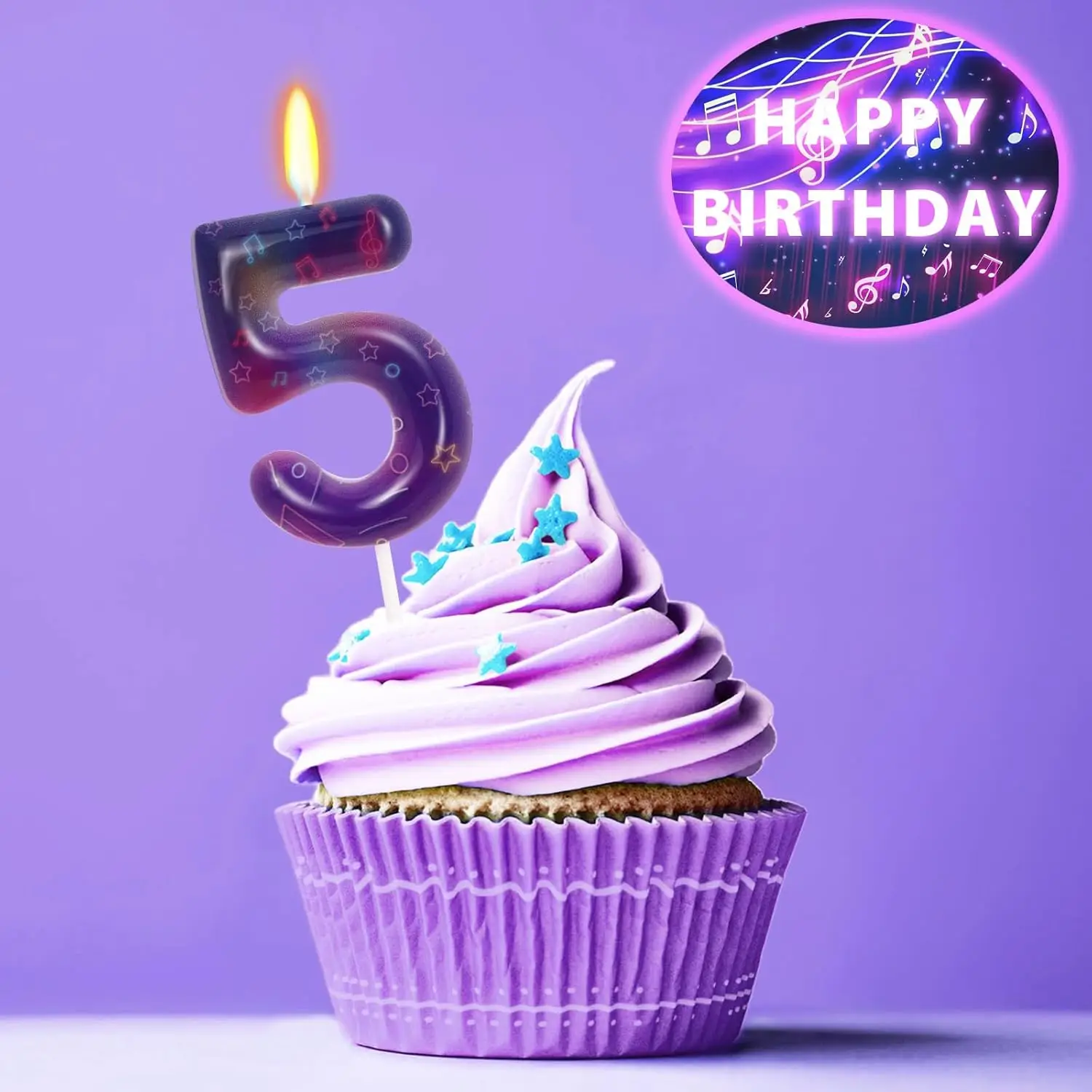 Music Theme Number 5-9 Candle, Purple Star Cake Toppers, Dark Fantasy Demon Style Girls Birthday Decorations Party Supplies ﻿