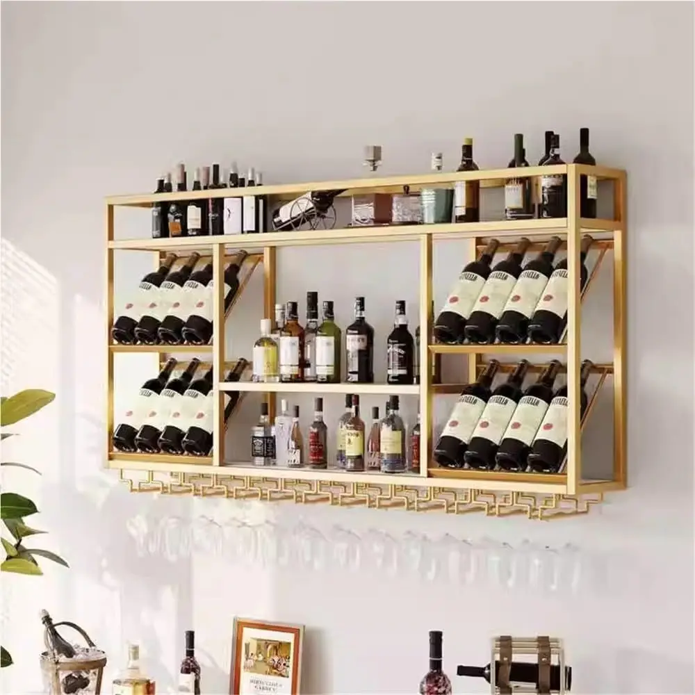 

Gold Wall-Mounted Wine Rack with Glass Holder, 100cm Long, Space-Saving for Kitchen & Restaurant