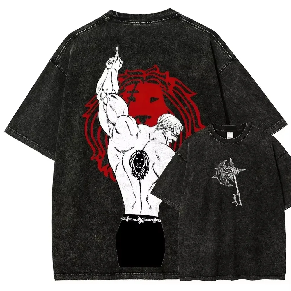 Camiseta Estampada de Escanor del Anime Japonés The Seven Deadly Sins, Camiseta Holgada de Algodón Lavado Vintage Unisex