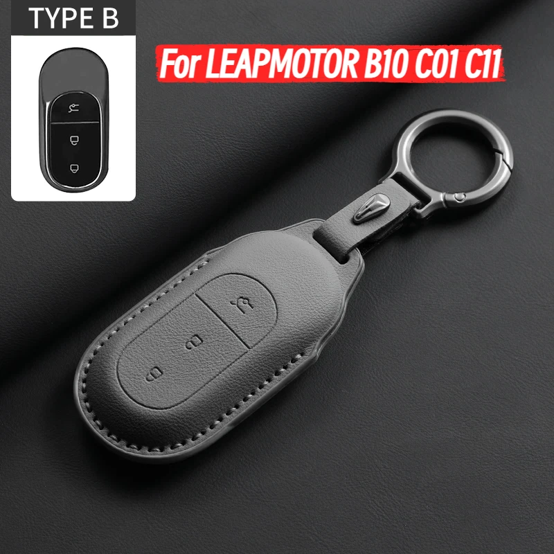 

Leather Car Key Case Cover For LEAPMOTOR B10 C01 C11 Original Car Color Remote Key Bag Case Protecter Shell Keychain Accessories
