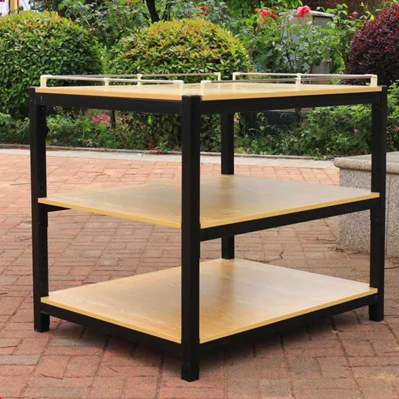 Supermarket steel-wood milk stack display rack, three-layer gift  store floor stack , grain, oil, rice, and flour display rack