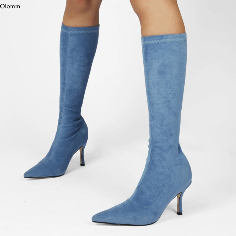 

Olomm/Новые модные женские осенние сапоги до колена, гибкие туфли на шпильке с острым носком, небесно-голубые, желтые, бежевые верблюжьи туфли, размер 35-45