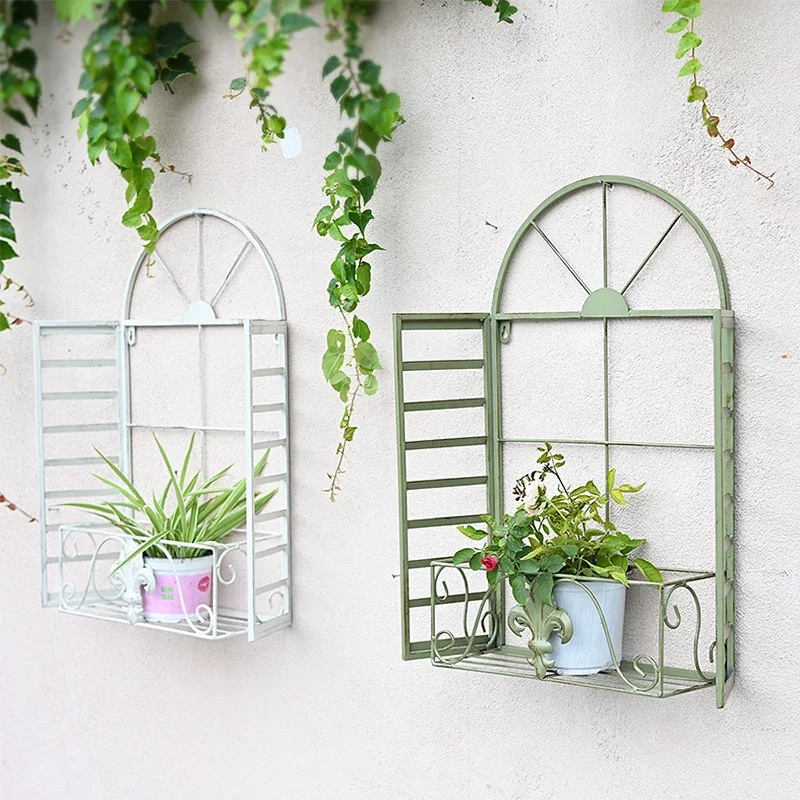 Wrought Iron Wall-Mounted Fake Window, Garden Decor, Vintage White Window Ornament, Balcony Wall Flower Rack