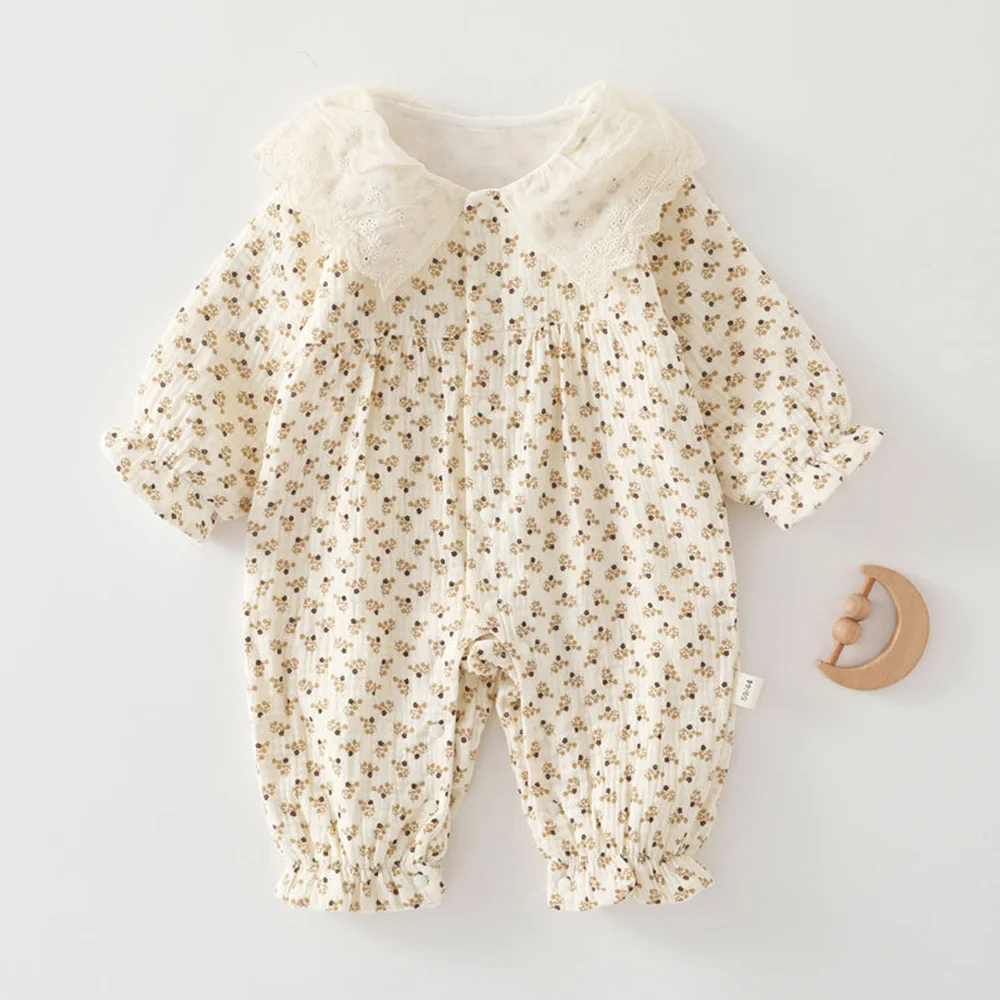 2026 Gauze Baby Rompers Girls Floral Dot Print Peter Pan Collar Newborn Clothing Spring Autumn Infant Girl Long Sleeve Jumpsuit