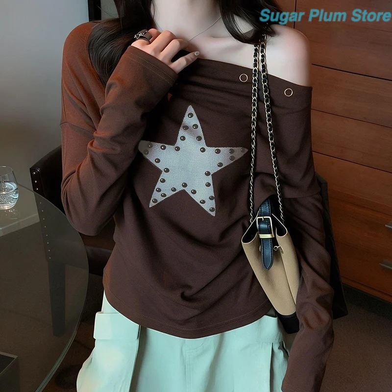 Sweet and Cool Wind Girl Autumn New Slim Off-the-shoulder Top Five-pointed Star Patch Rivet Button Elastic Soft Slim Casual Top