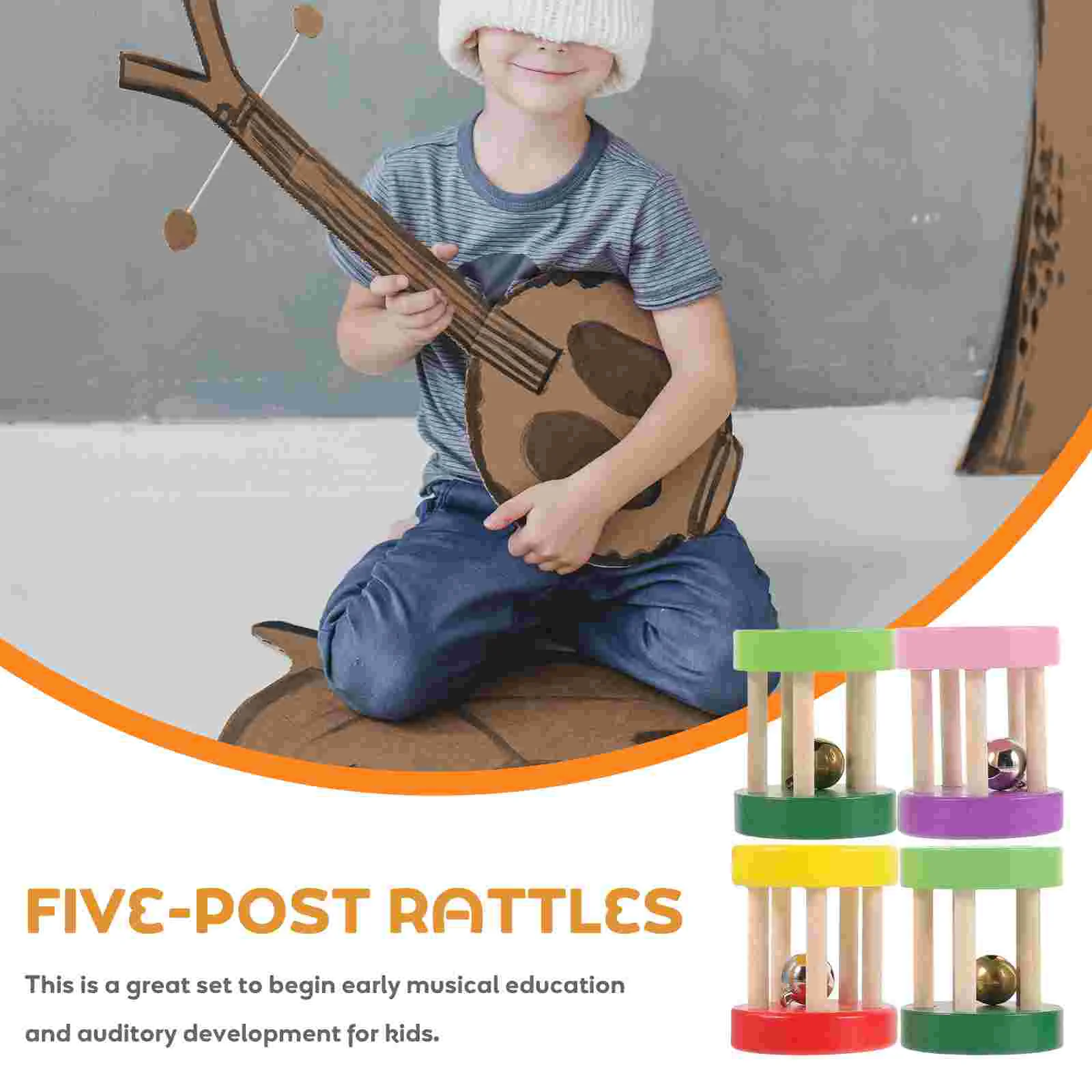 4 Pcs Wooden Five-post Music Shake Bell Educational Puzzle Parent-child