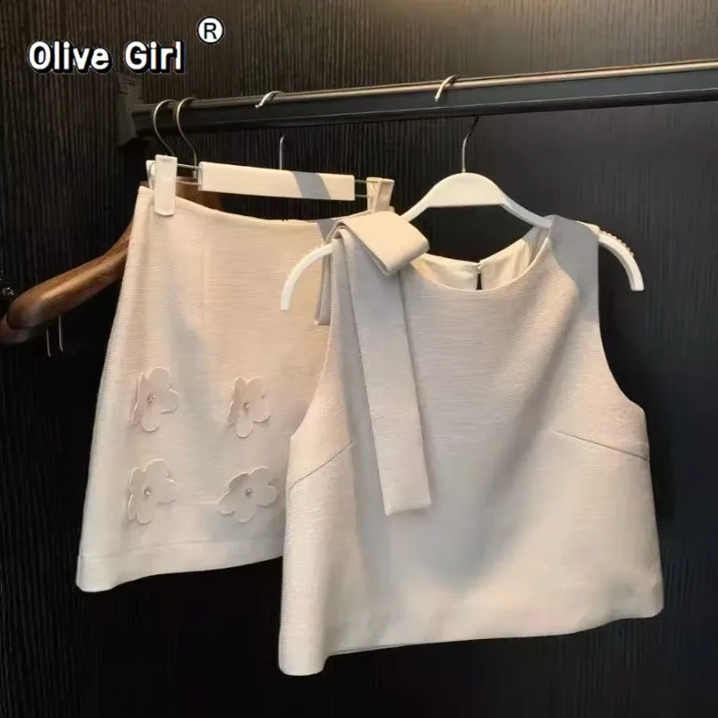 

Olivegirl Women Bowknot Vest Short Skirt Set Summer New High End Sleeveless Top Loose Casual White Two Piece Set Women Outfits