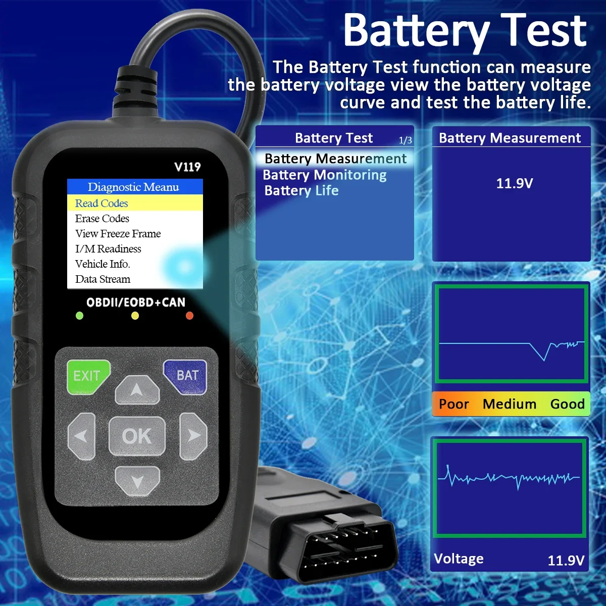 Automotive OBD2 scanner diagnostic tool fault code reader, automotive voltage tester engine fault code scanner, charging tester