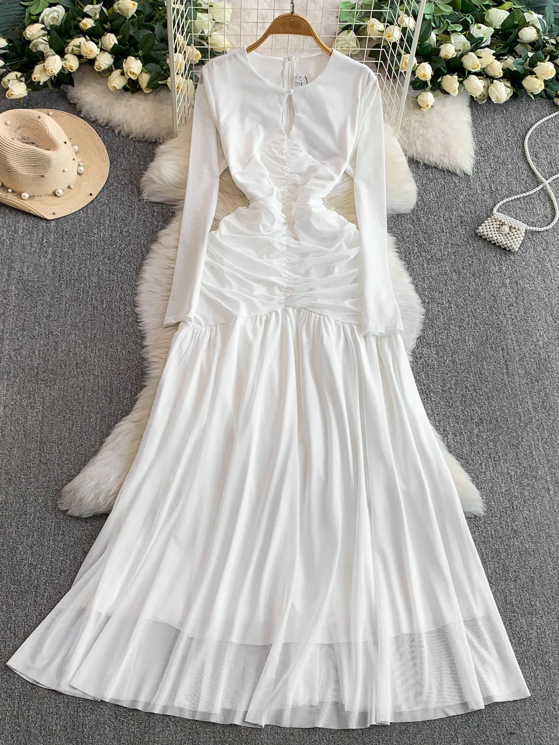 

Sexy Hollow out Long Sve Dr Women's High Waist A-Line Long Dr Skin-friendly Breathable Pure Color Autumn Faion